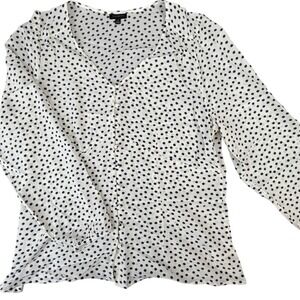 Talbots Polka Dot Button Front Blouse Navy White V-Neck Viscose Top Size 10